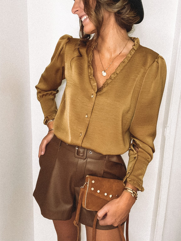 Yellow V Neck Plain Long Sleeve Blouse