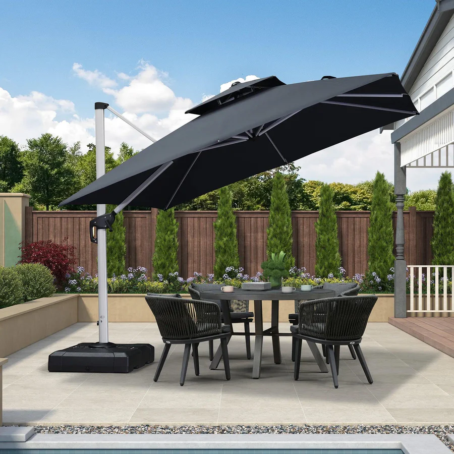 10ft Square Woodgrain Pattern 2-Tier Outdoor Solar LED Cantilever Umbrella w/ Base
