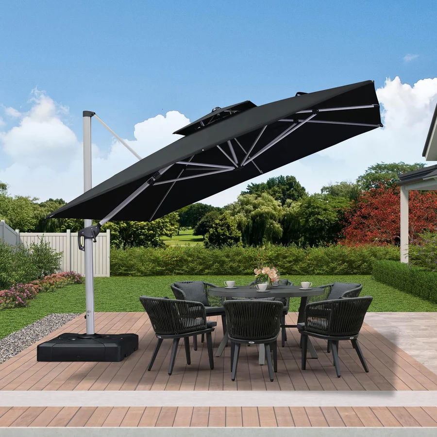 10ft Square Woodgrain Pattern 2-Tier Outdoor Solar LED Cantilever Umbrella w/ Base