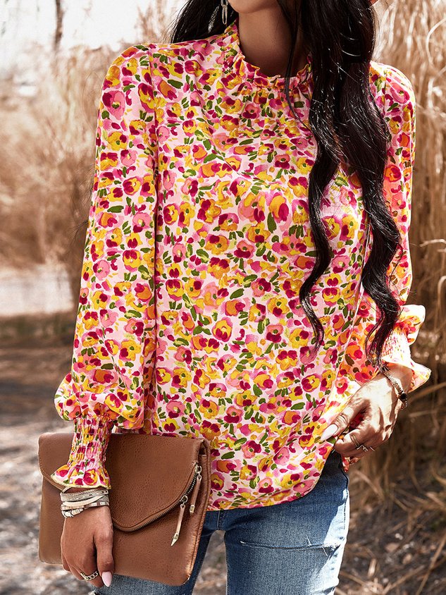 Loose Crew Neck Casual Floral Shirt