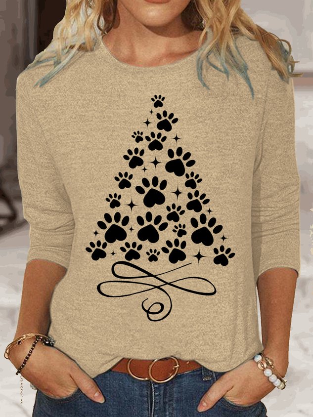Women's Christmas Paw Tree Print Casual Top