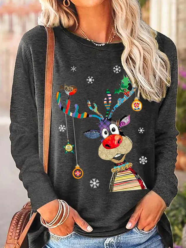 Womens Christmas Reindeer Crew Neck Top