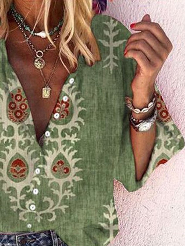 Women's Casual T-Shirt Loose V Neck Ethnic Blouse Green