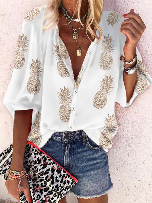 White V Neck Casual Long Sleeve Blouse