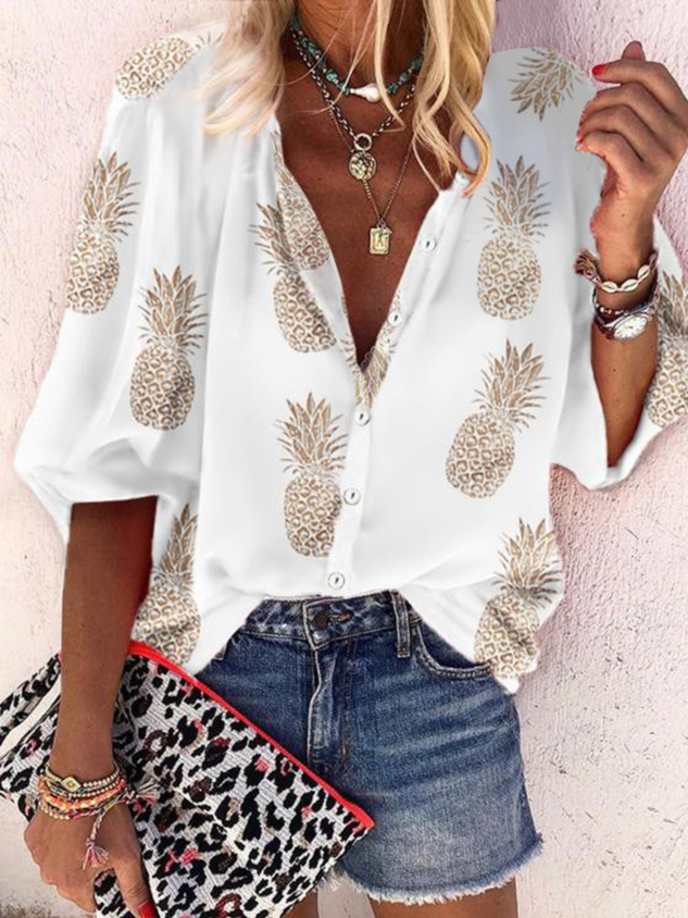 White V Neck Casual Long Sleeve Blouse