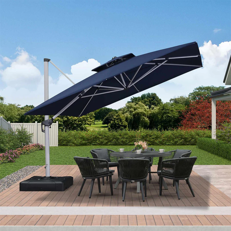 10ft Square Woodgrain Pattern 2-Tier Outdoor Solar LED Cantilever Umbrella w/ Base
