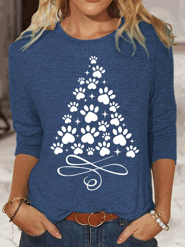 Women's Christmas Paw Tree Print Casual Top
