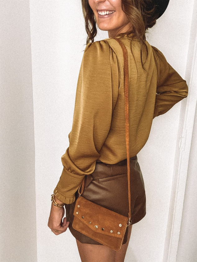 Yellow V Neck Plain Long Sleeve Blouse