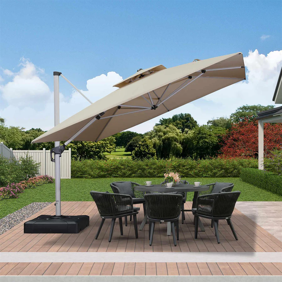 10ft Square Woodgrain Pattern 2-Tier Outdoor Solar LED Cantilever Umbrella w/ Base