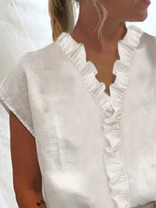 Summer Womens V Neck Flouncing Cotton Linen Shirt