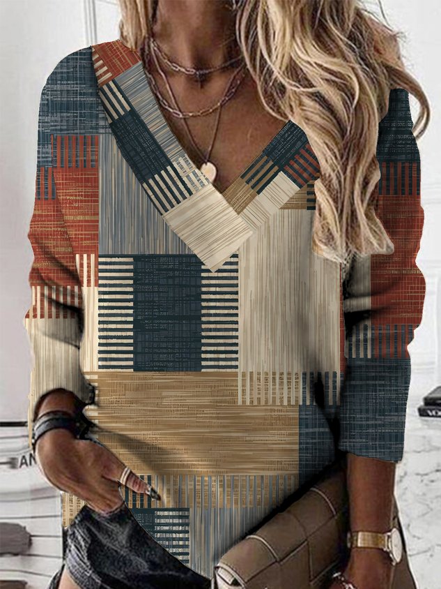 Geometric V Neck Casual Loose Shirt