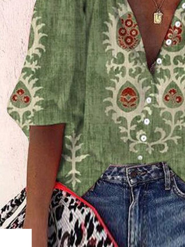 Women's Casual T-Shirt Loose V Neck Ethnic Blouse Green