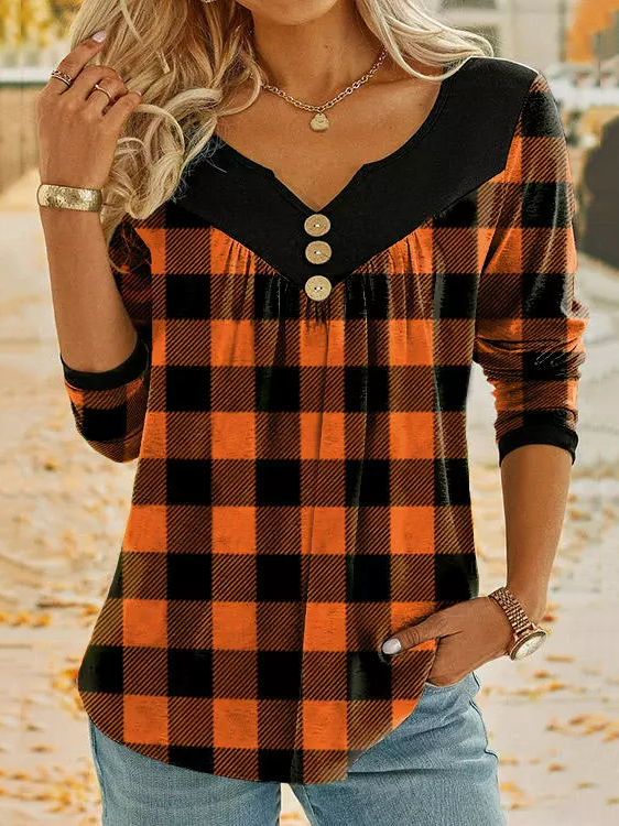Halloween Orange Plaid Panel Loose Knit Top