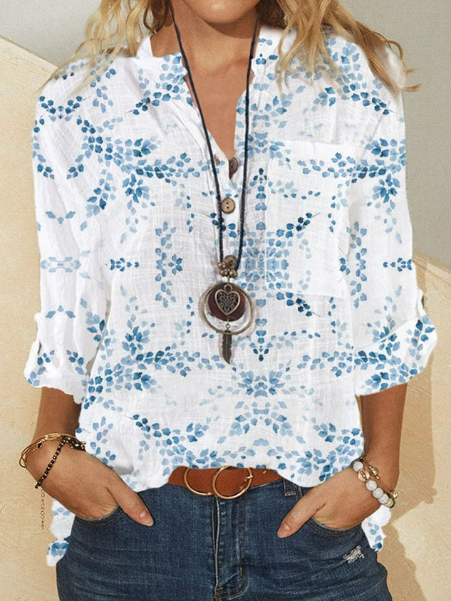 Leaves Print Long Sleeve Button V-neck Pocket Women Blouse