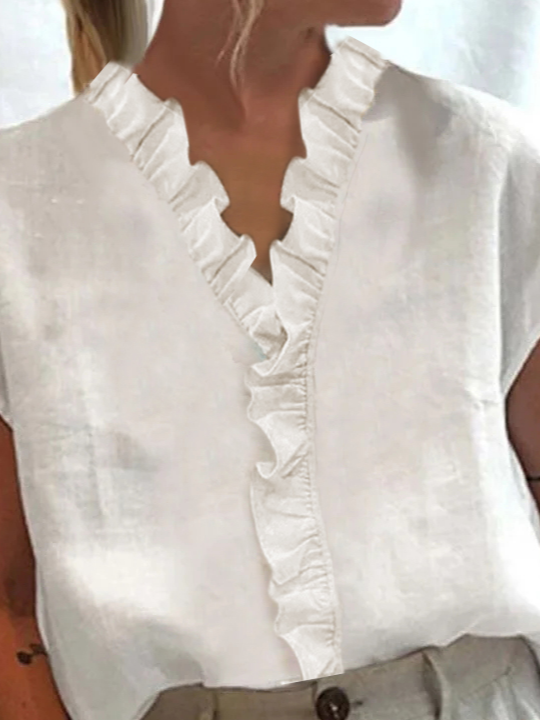 Summer Womens V Neck Flouncing Cotton Linen Shirt