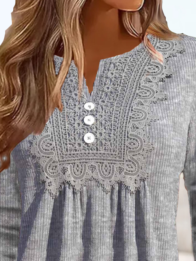 Lace Notched Casual Loose Ruched Shirt