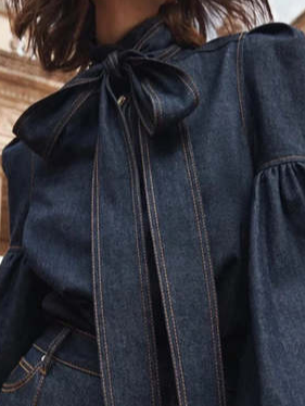 Vintage Bow Stand Collar Lantern Sleeve Denim Blouse