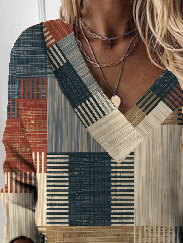 Geometric V Neck Casual Loose Shirt