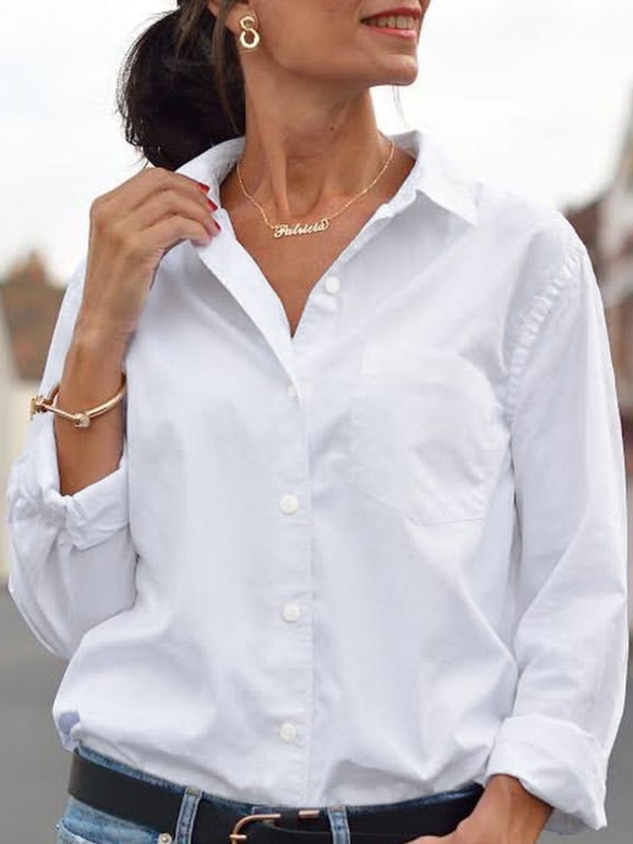 Casual Plain Shirt Collar Long Sleeve Blouse