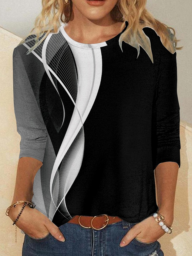 Women's Black White Abstract Print Casual Crew Neck Christmas Shirt