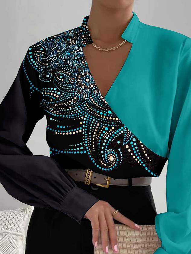 Women's Stand Collar Casual Color Block Elegant Blouse