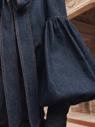 Vintage Bow Stand Collar Lantern Sleeve Denim Blouse