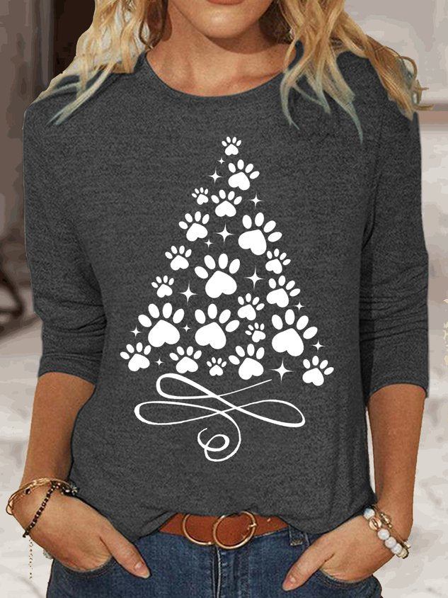 Women's Christmas Paw Tree Print Casual Top