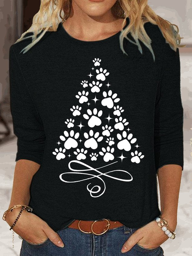 Women's Christmas Paw Tree Print Casual Top