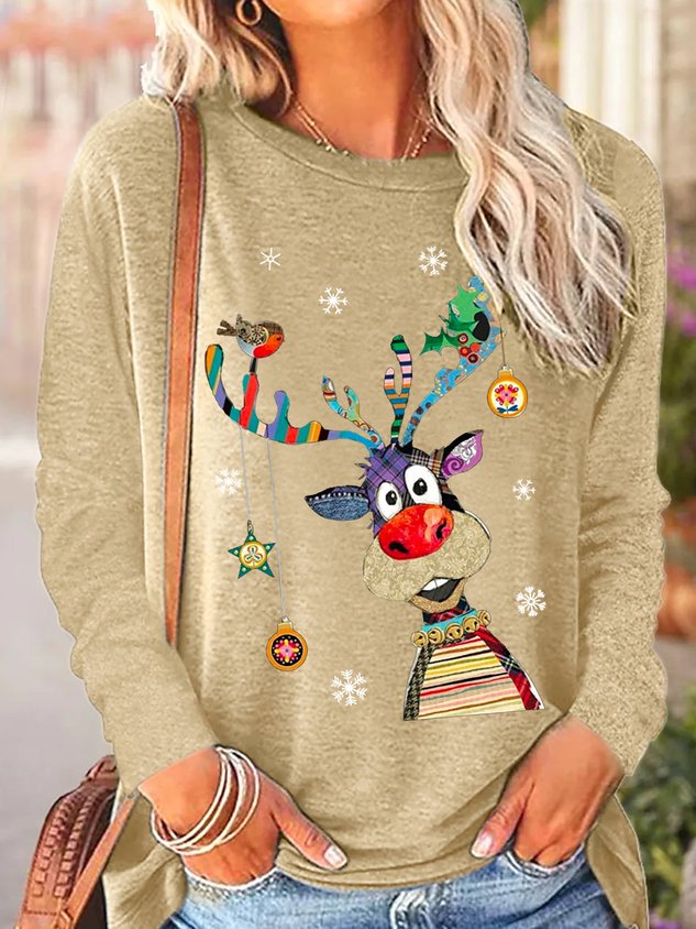 Womens Christmas Reindeer Crew Neck Top