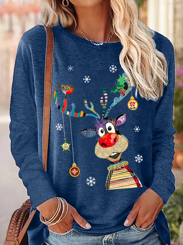 Womens Christmas Reindeer Crew Neck Top