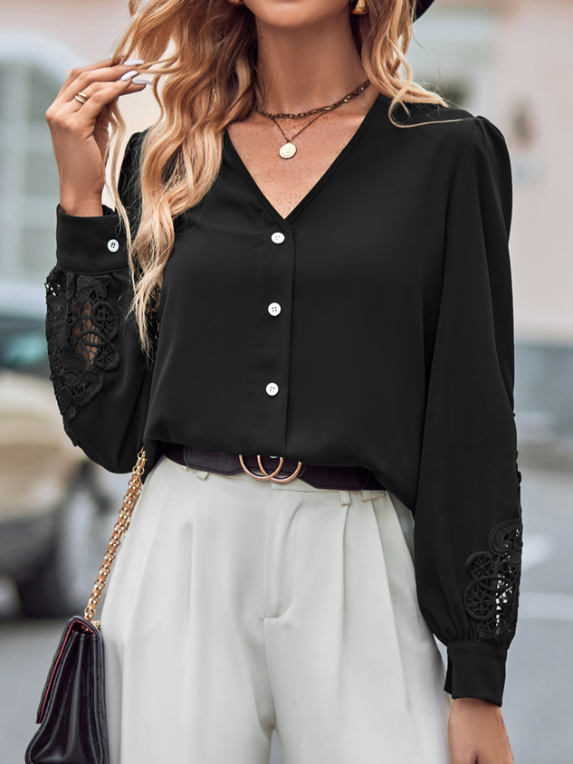 Loose V Neck Casual Plain Shirt