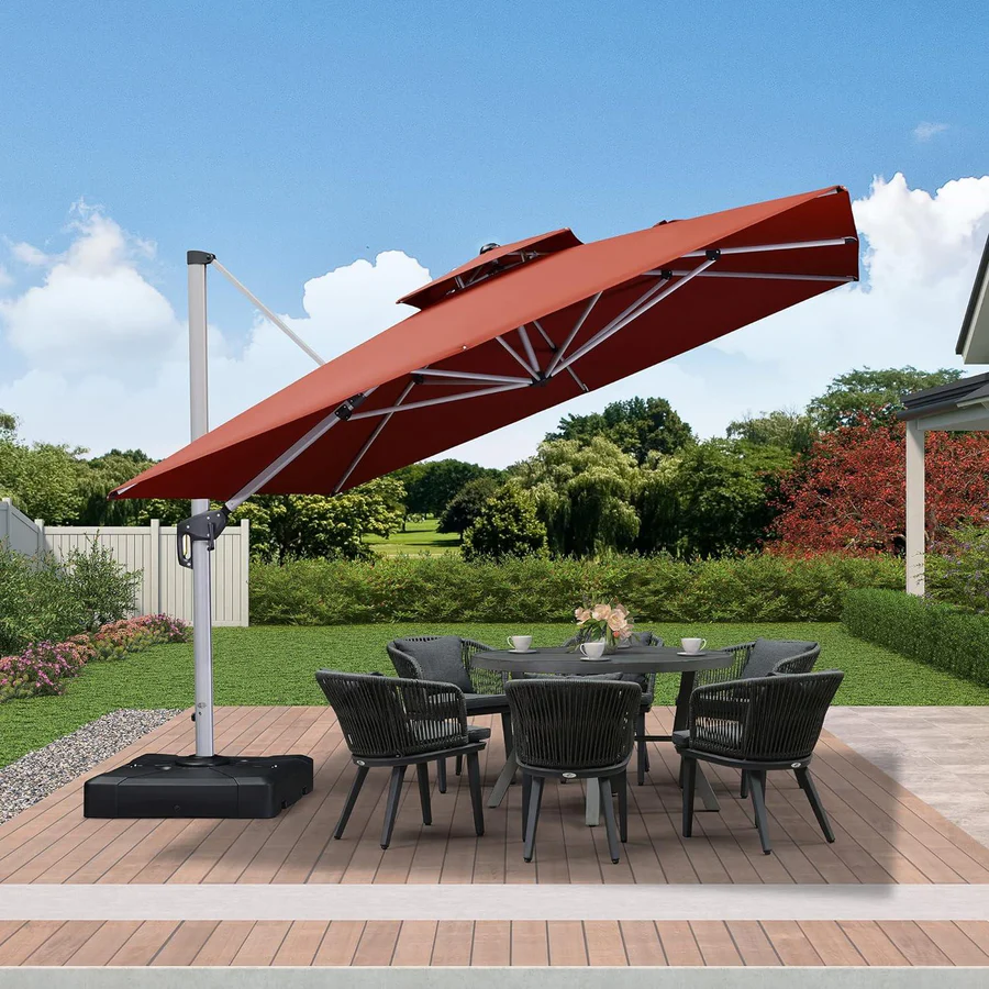 10ft Square Woodgrain Pattern 2-Tier Outdoor Solar LED Cantilever Umbrella w/ Base