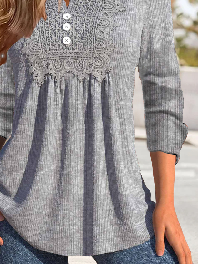 Lace Notched Casual Loose Ruched Shirt