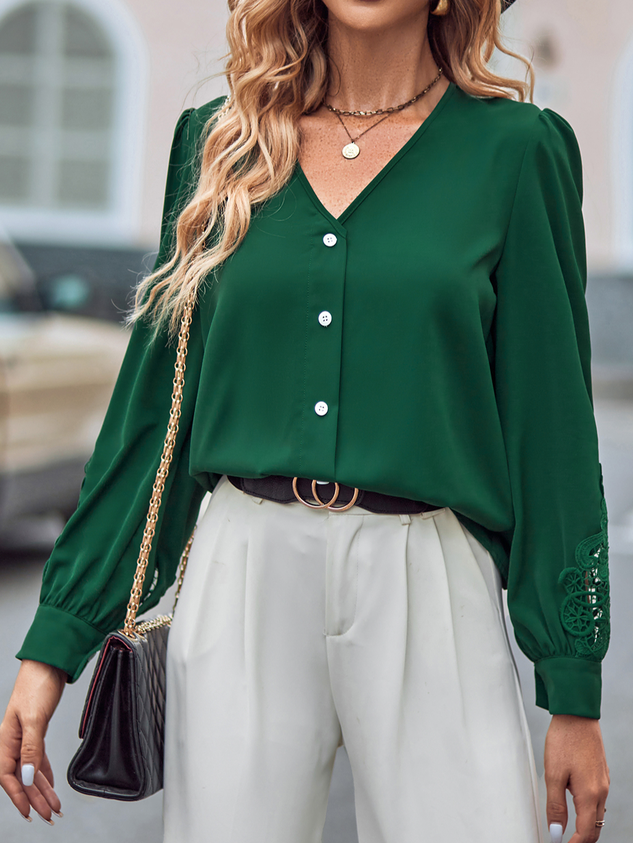 Loose V Neck Casual Plain Shirt