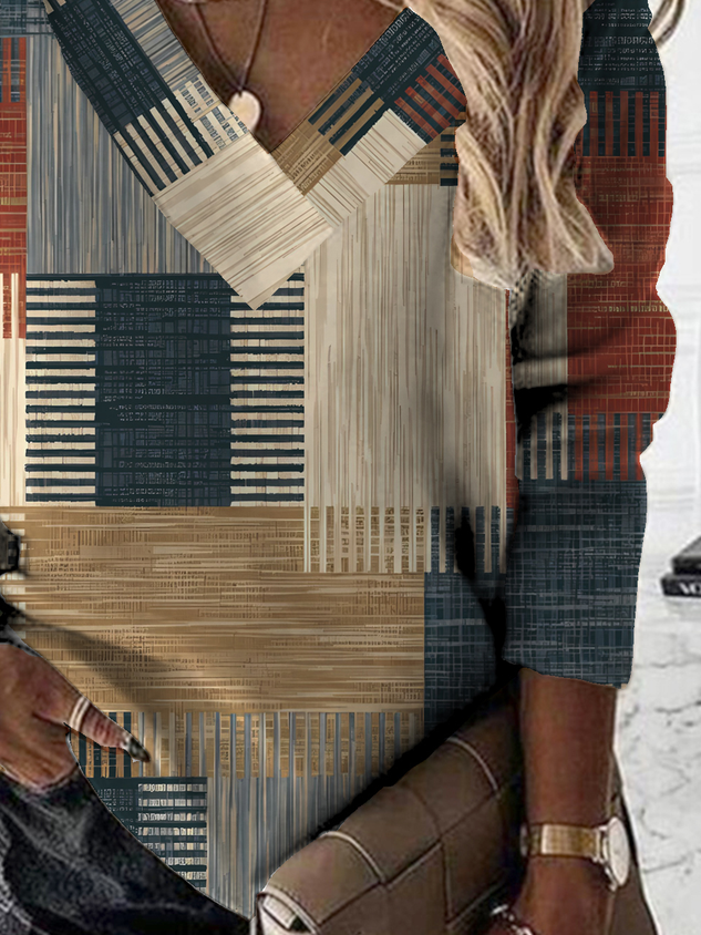 Geometric V Neck Casual Loose Shirt