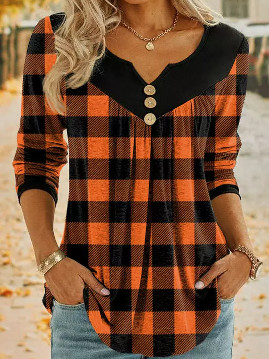 Halloween Orange Plaid Panel Loose Knit Top