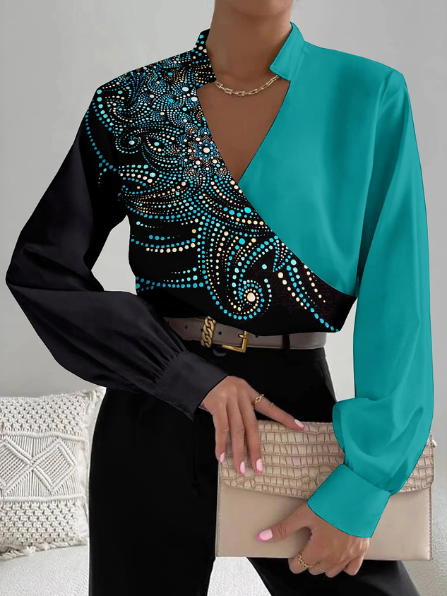 Women's Stand Collar Casual Color Block Elegant Blouse