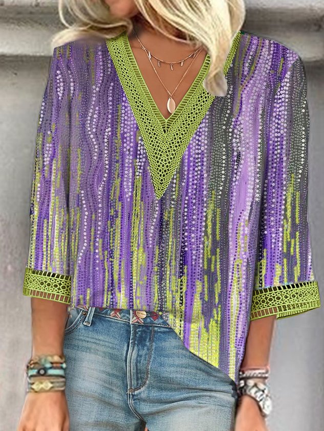 Women's Lace T-Shirt Ombre V Neck Half Sleeve Tops Blue Yellow Green