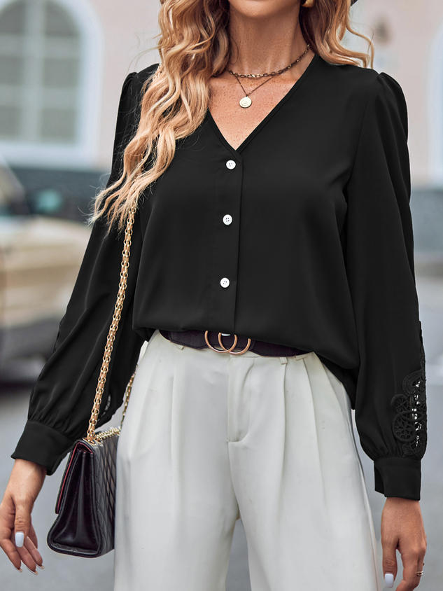 Loose V Neck Casual Plain Shirt