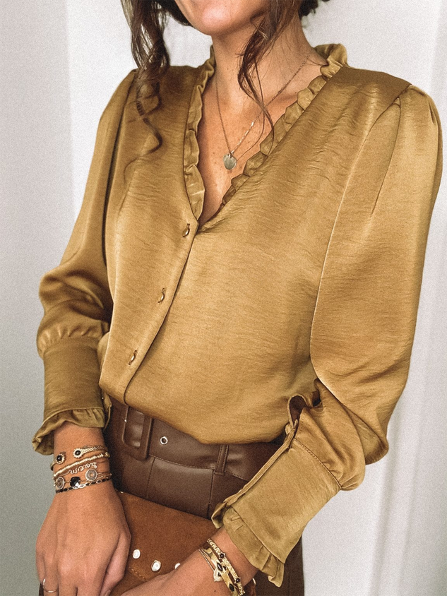 Yellow V Neck Plain Long Sleeve Blouse