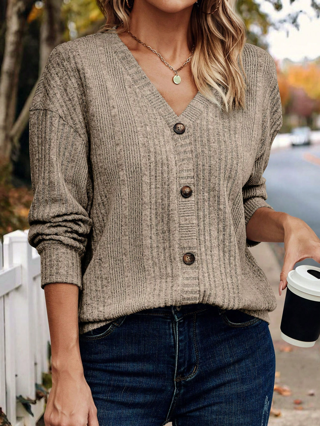 Buckle V Neck Plain Casual Shirt