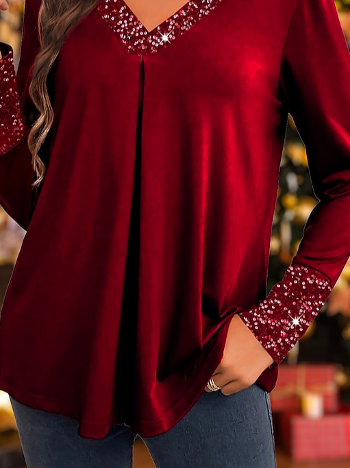 Casual Knitted Glitter Color Block Shirt