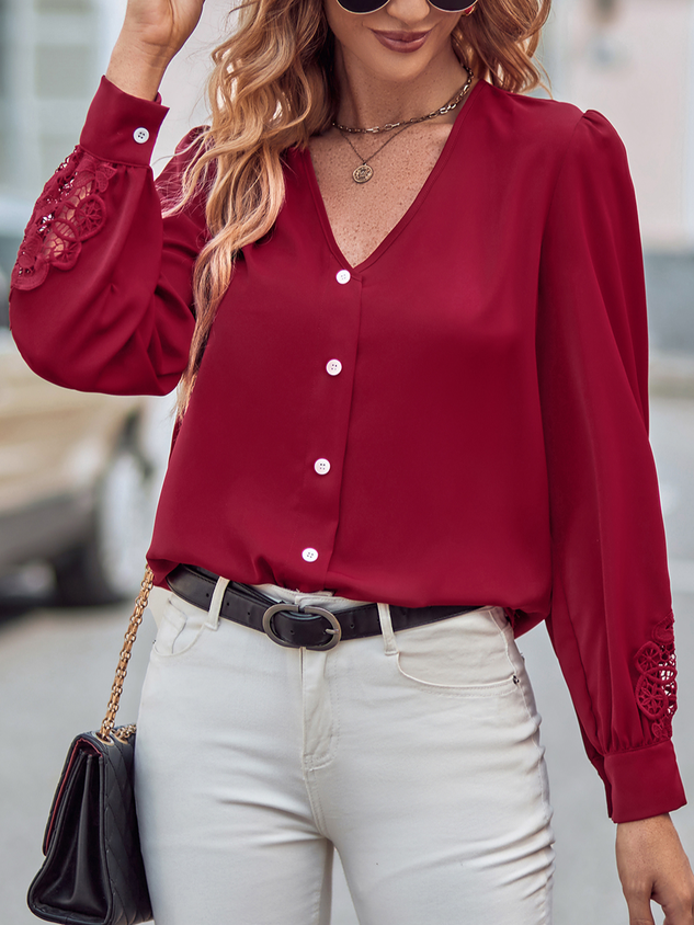 Loose V Neck Casual Plain Shirt