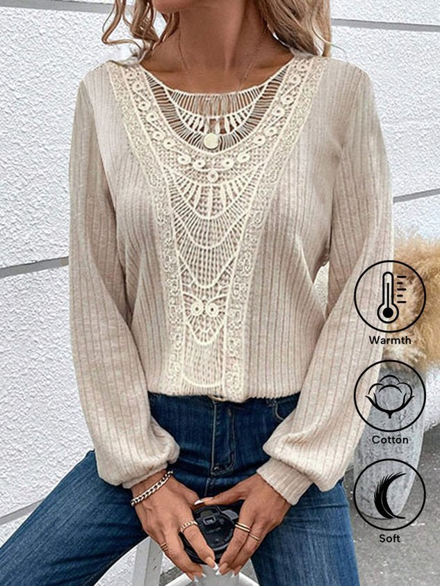 Lace Crochet Design Daily Plain Casual Crew Neck Loose H-Line Long Sleeve T-Shirt