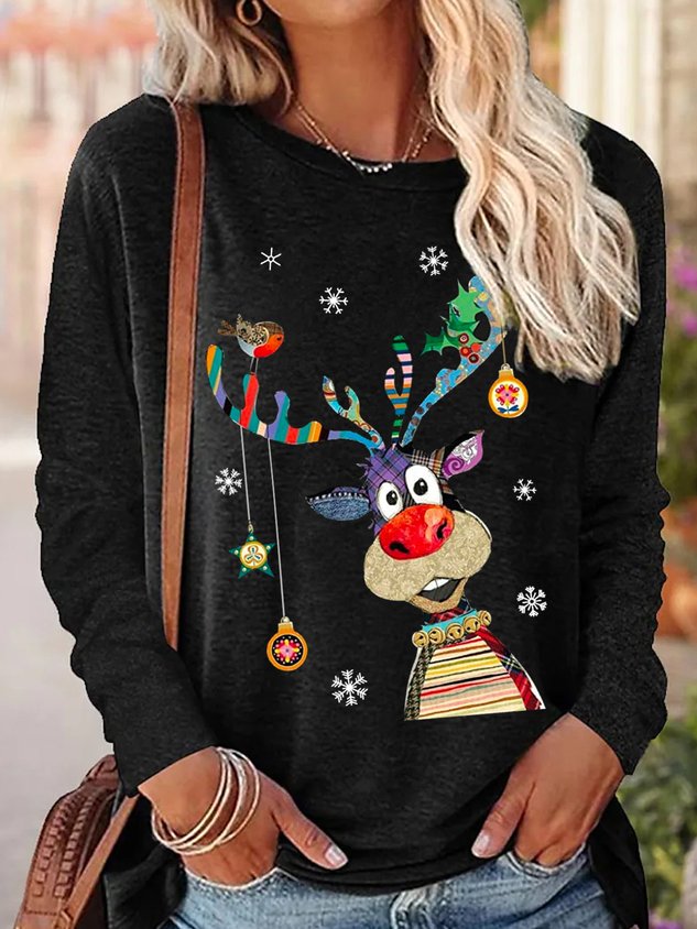 Womens Christmas Reindeer Crew Neck Top