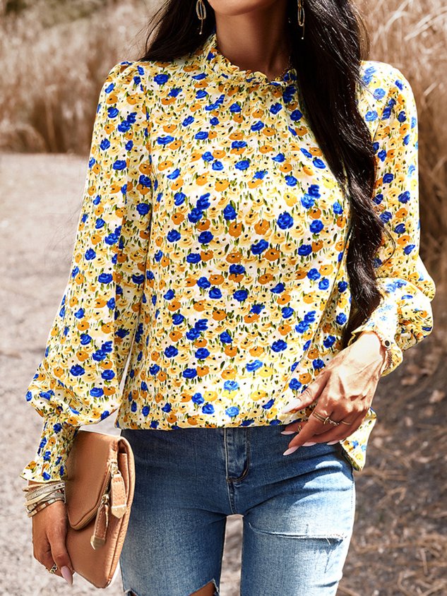 Loose Crew Neck Casual Floral Shirt