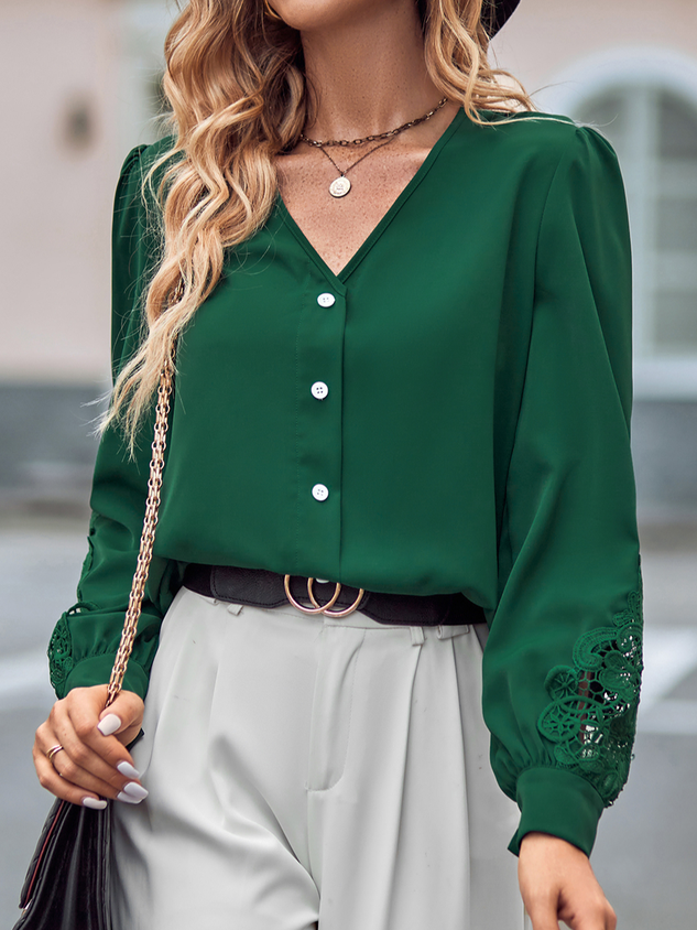 Loose V Neck Casual Plain Shirt