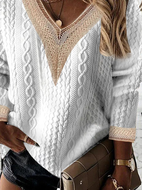 V Neck Casual Loose Lace Shirt
