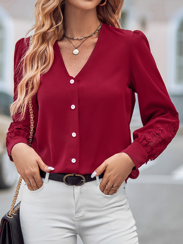 Loose V Neck Casual Plain Shirt