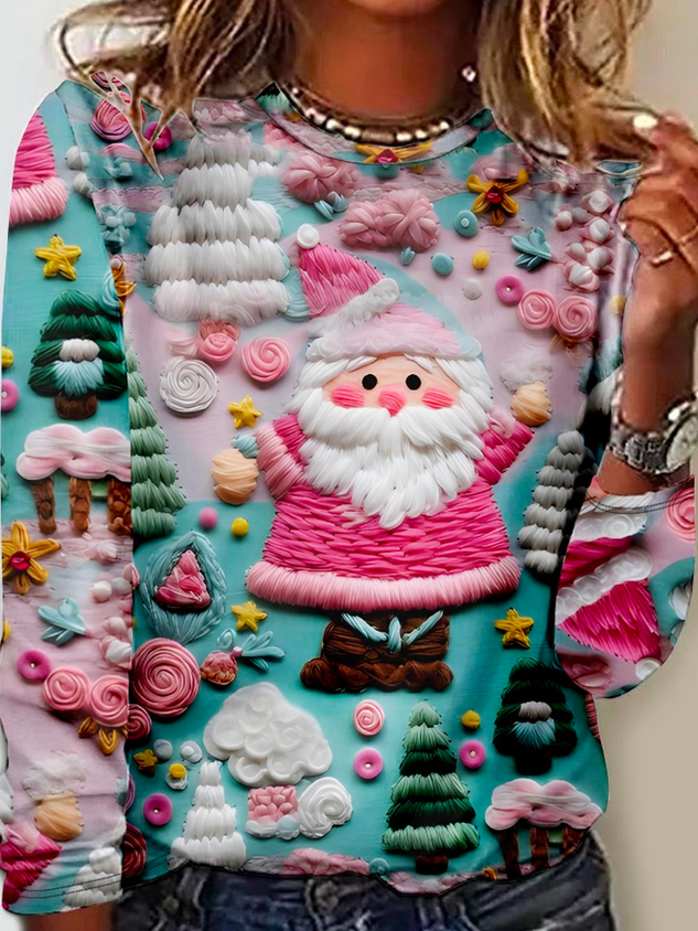 Pink Santa Claus Pattern Regular Fit Casual Long Sleeve Print Shirt